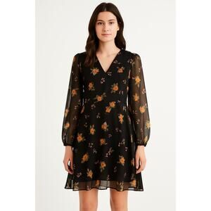 Womens Floral Chiffon Dress Black Sheer Sleeves Size M 8 10